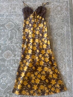 Nectar x Clothing Yellow Floral Satin Slip Dress with Lace